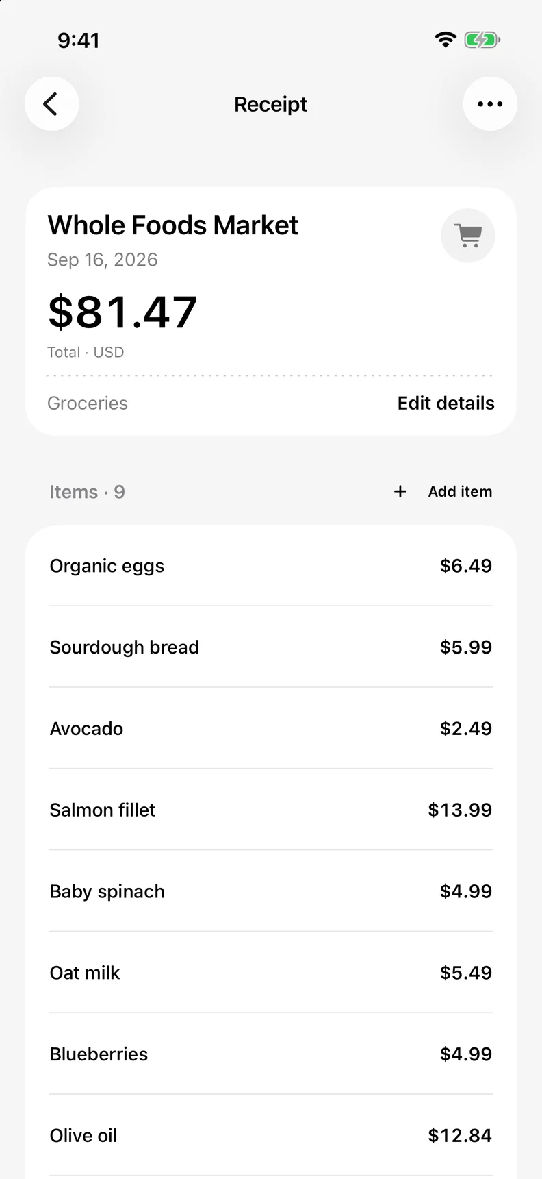 TallyAI saved receipt with itemized purchases