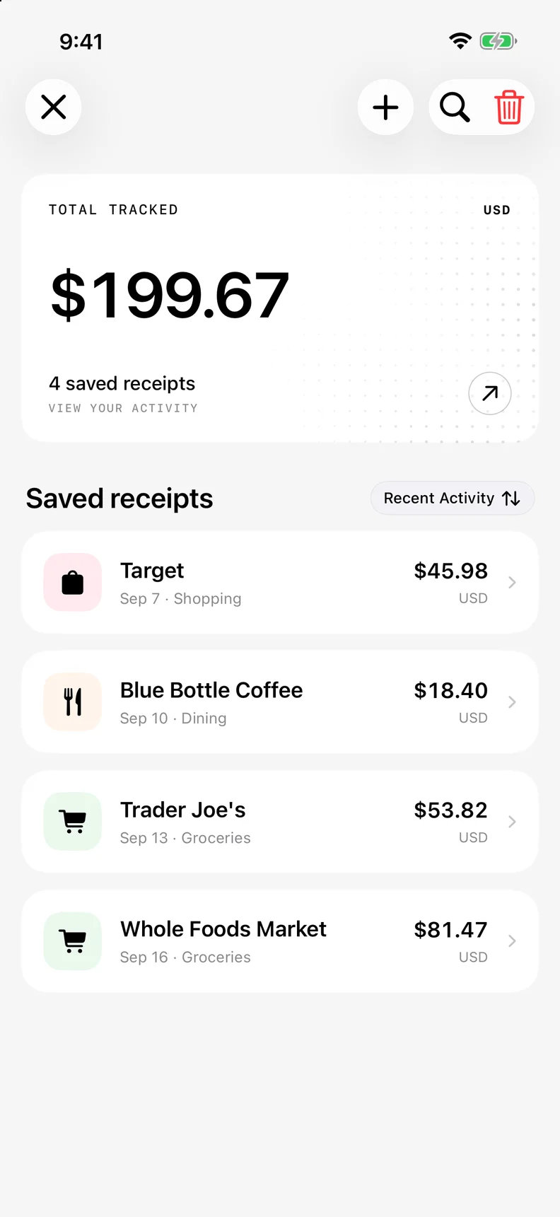 TallyAI Receipt history screen
